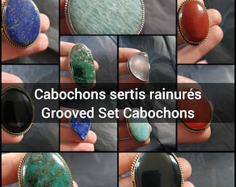 Gegroefde fijne stenen cabochons in zilvermessing - voor micro-macramé - gegroefde cabochon Amazoniet, Lapis lazuli, Malachiet