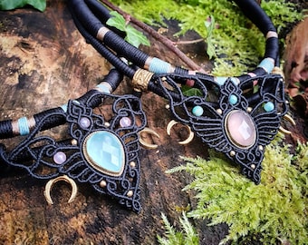 Necklaces Torques Plastron Micro-macramé, Aqua Onyx & Rose Quartz - Candy Collection - Fairy necklace, psytrance, fusion, Boho