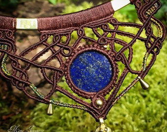 Torque Bib Necklace Lapis-lazuli and Micro-macrame - Tribal, ethnic necklace