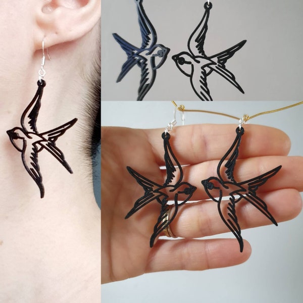 Boucles d'oreilles Impression 3D recyclable - Motif Hirondelle - Tattoo, rock, Sailor Jerry, oiseau