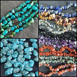 May include: Assortment of colorful gemstone chip beads, including turquoise, amethyst, red jasper, and black onyx. The beads are arranged in rows, showcasing their natural beauty and variation in size and shape.