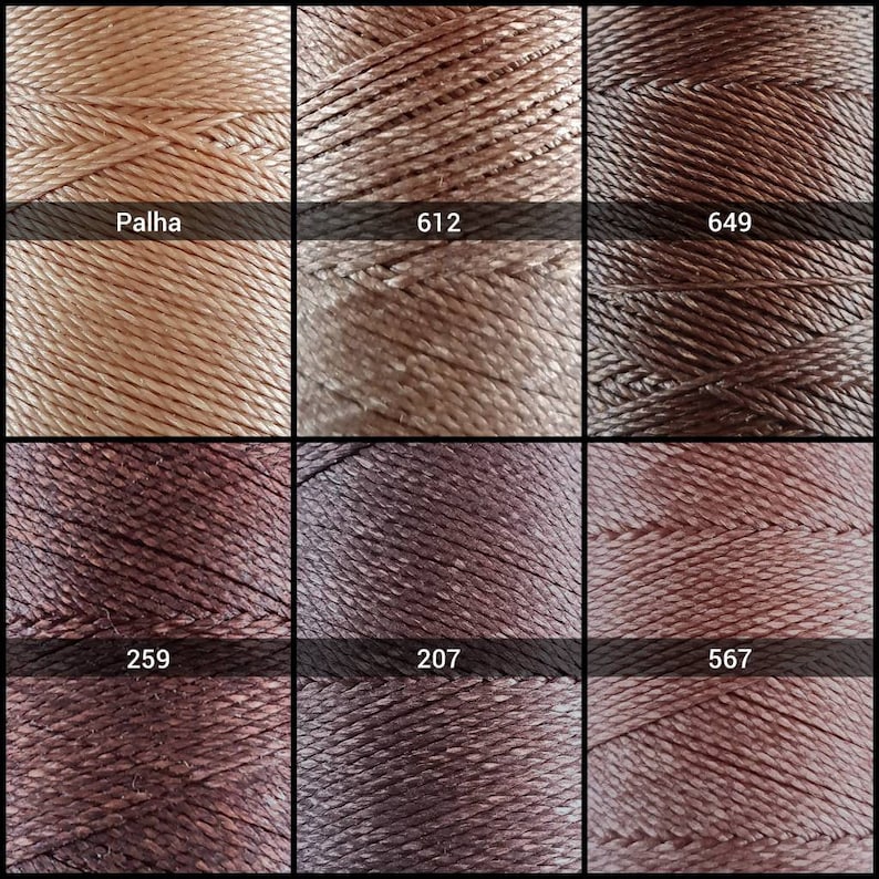 May include: Six spools of thread in various shades of brown. The spools are labeled with the following numbers: Palha, 612, 649, 259, 207, and 567.