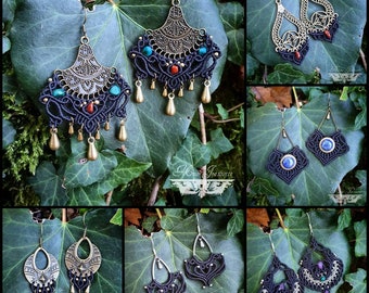 Boucles d'oreilles Micro-macramé noir - Lapis-lazuli, Améthyste, Jaspe Rouge, Chrysocolle - Boucles d'oreilles Bohème avec pierres