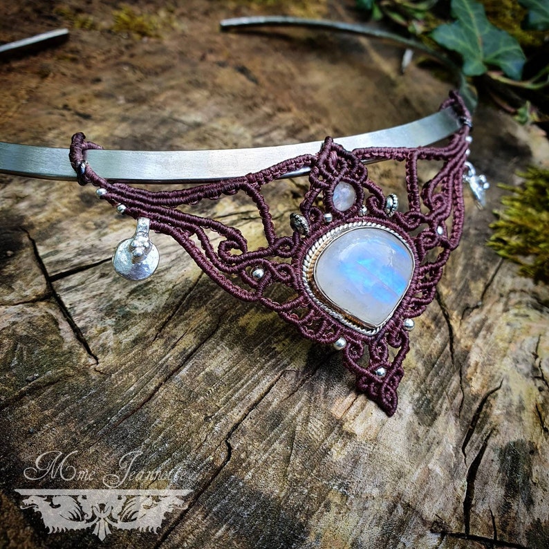 Necklaces Torques Silver, Plastron Micro-macramé with Amethyst & Peristerite Fairy necklace, psytrance, fusion, Boho image 2