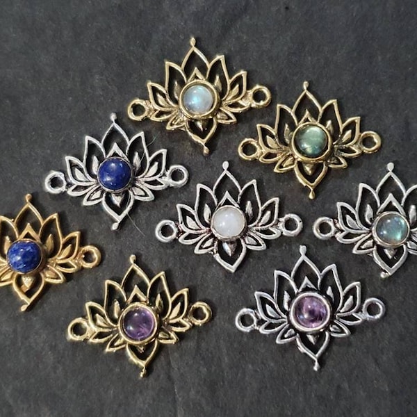 Lotus Connectors with Labradorites, Amethyst, Peristerite and Lapis Lazuli - Gold and Silver - Supply for Micro-macramé