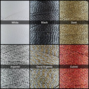May include: Six spools of cord in different colors: white, black, gold, silver, gold and silver, and copper.