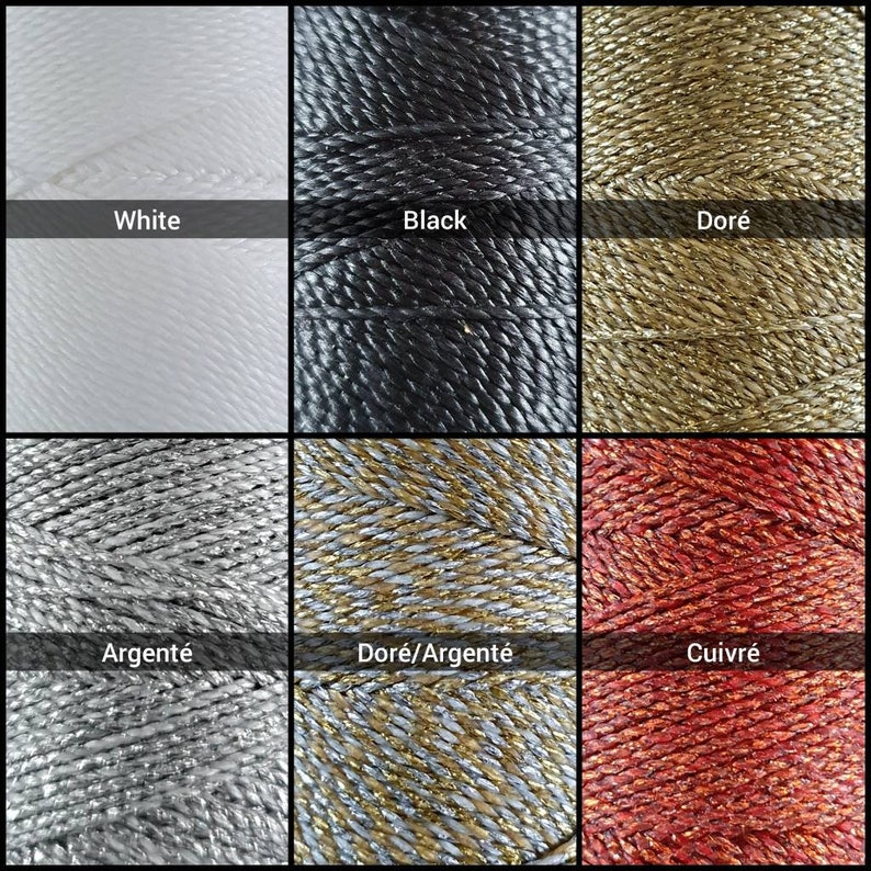 May include: Six spools of cord in different colors: white, black, gold, silver, gold and silver, and copper.