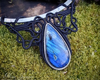 Blue Labradorite Torque necklace and black Micro-macrame - Boho necklace, boho chic, fairy, elven necklace