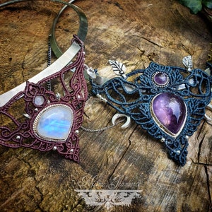 Necklaces Torques Silver, Plastron Micro-macramé with Amethyst & Peristerite Fairy necklace, psytrance, fusion, Boho image 1