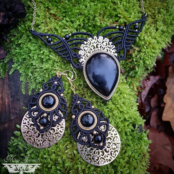 Parure Micro-macramé et Onyx Noir - collier et boucles d'oreilles Bohème