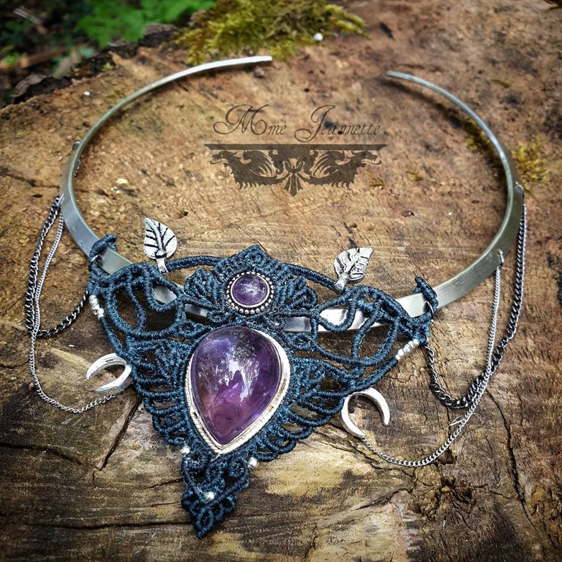 Necklaces Torques Silver, Plastron Micro-macramé with Amethyst & Peristerite Fairy necklace, psytrance, fusion, Boho image 6