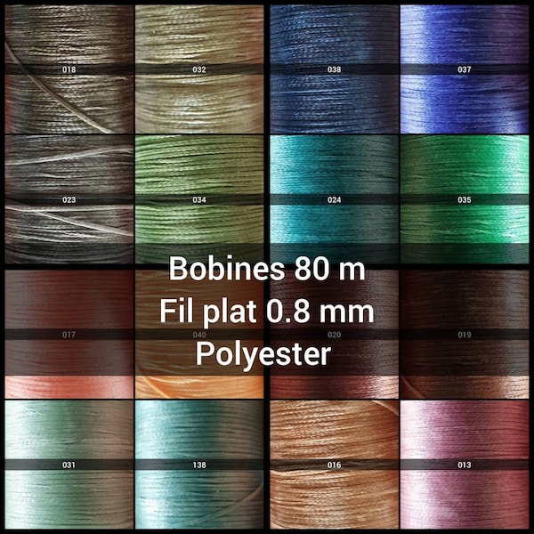 Bobines de fils semi cirés plats 0,8 mm - 150d - 80 m / bobine - Fils polyester cirés pour Micro-macramé ou couture de cuir