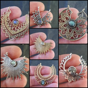 Ethnic Connectors Gold and silver plated brass with Labradorite - Micro-macramé supplies - Ray, lotus, mandala, spike connector