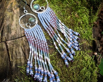 Miyuki & Toho Beads Fringe Oorbellen - Labradoriet, 924 zilver, Micro-macramé - Zaadkraaloorbellen