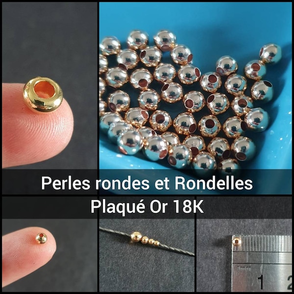 Perles rondes et Rondelles en Laiton Plaqué Or, 1,5 mm, 2 mm, 3mm et 4 mm - Fourniture pour Micro-macramé