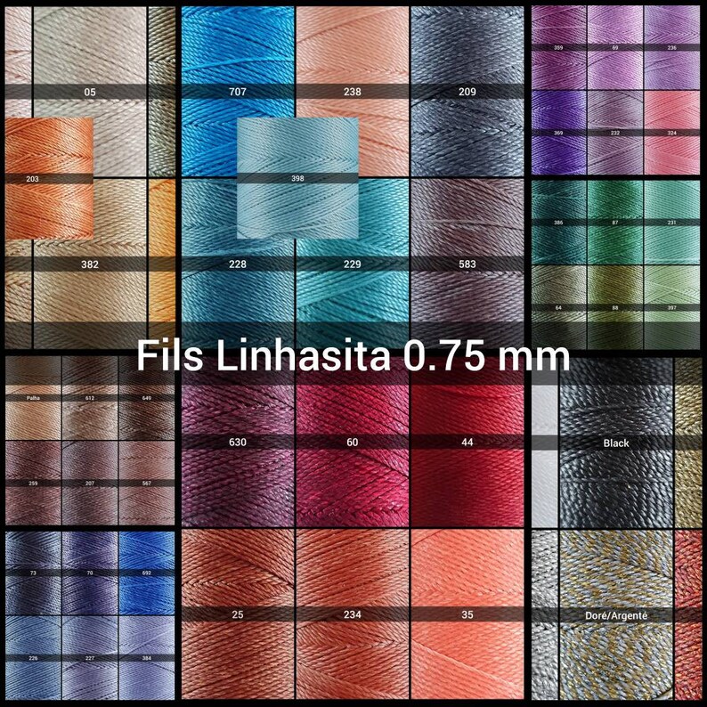 May include: A variety of spools of thread in different colors, including black, red, blue, green, and brown. The spools are labeled with numbers and the text "Fils Linhasita 0.75 mm".