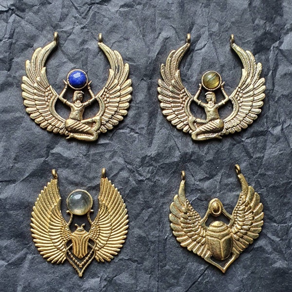 Egyptian, Isis and Scarab Pendant Connectors - Micro-macramé, Brass, Labradorite and Lapis lazuli