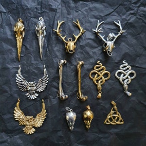 Gold and silver brass pendants and connectors Micro-macrame - Tribal, Boho, snakes, triquetra, Owl, bird & deer skull, Bone