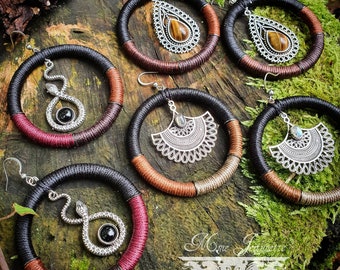 Boucles d'oreilles Anneaux Créoles avec pierres fines (Oeil de tigre, Onyx noir, Péristérite) - Bohème, Pagan