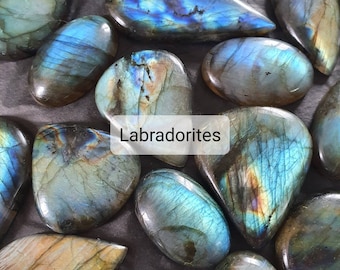 Labradorite cabochons - Oval, drop, round and Horse's eye - from 54 mm to 30 mm - Crimp cabochons for Micro-macrame or wire