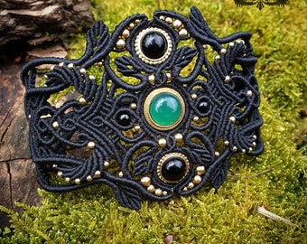 Bracelet Manchette Micro-macramé noir, Onyx noir et Onyx vert - Bracelet Bohème, tribal, ethnique