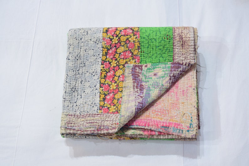 Beautiful Wall Decor and Bed throw Vintage Kantha Quilt Twin size Bed