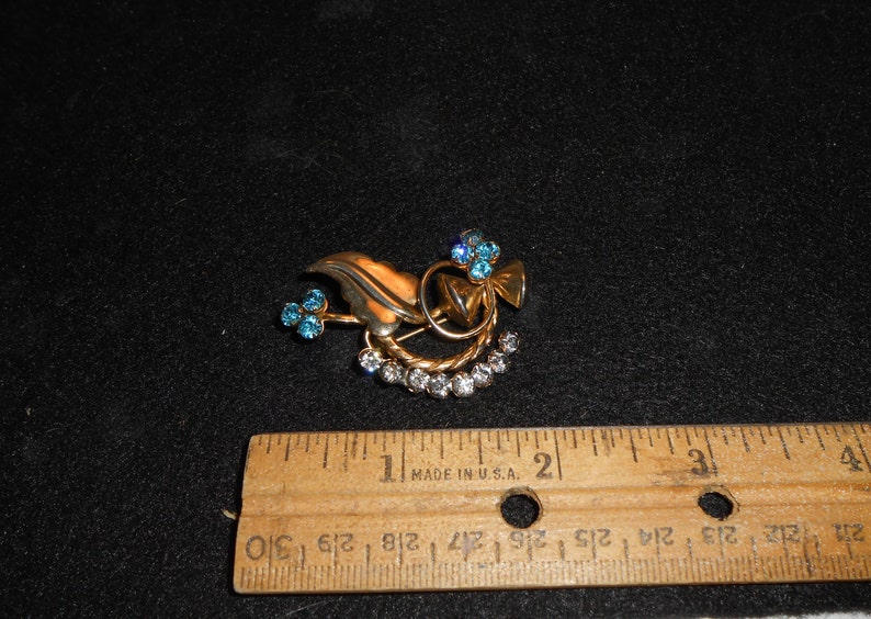 Vintage Weiss Style Golden Blue and white Rhinestone Brooch or pin