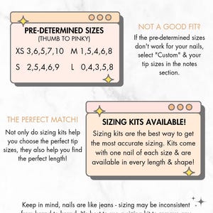 Puede incluir: Un gr&aacute;fico informativo titulado NAIL TIP SIZING con dos cuadros de color beige. El primer cuadro enumera PRE-DETERMINED SIZES para XS, S, M y L. El segundo cuadro promociona SIZING KITS AVAILABLE. El texto explica las opciones de tallas personalizadas.