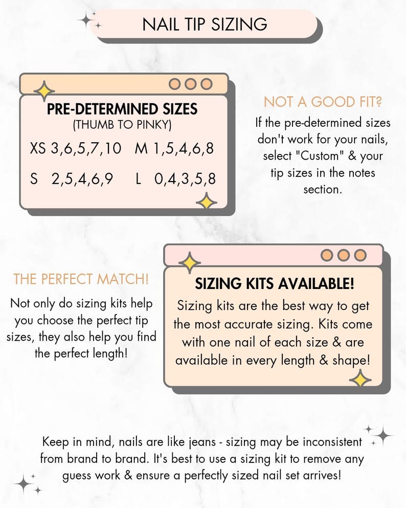 Puede incluir: Un gr&aacute;fico informativo titulado NAIL TIP SIZING con dos cuadros de color beige. El primer cuadro enumera PRE-DETERMINED SIZES para XS, S, M y L. El segundo cuadro promociona SIZING KITS AVAILABLE. El texto explica las opciones de tallas personalizadas.