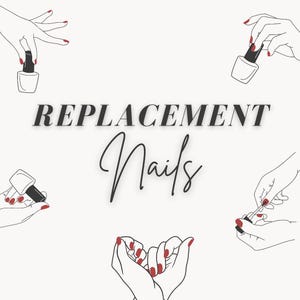 May include: A graphic illustration with the text "REPLACEMENT Nails" in black. The image features line drawings of hands with red nail polish, holding nail polish bottles. The background is a solid off-white color.
