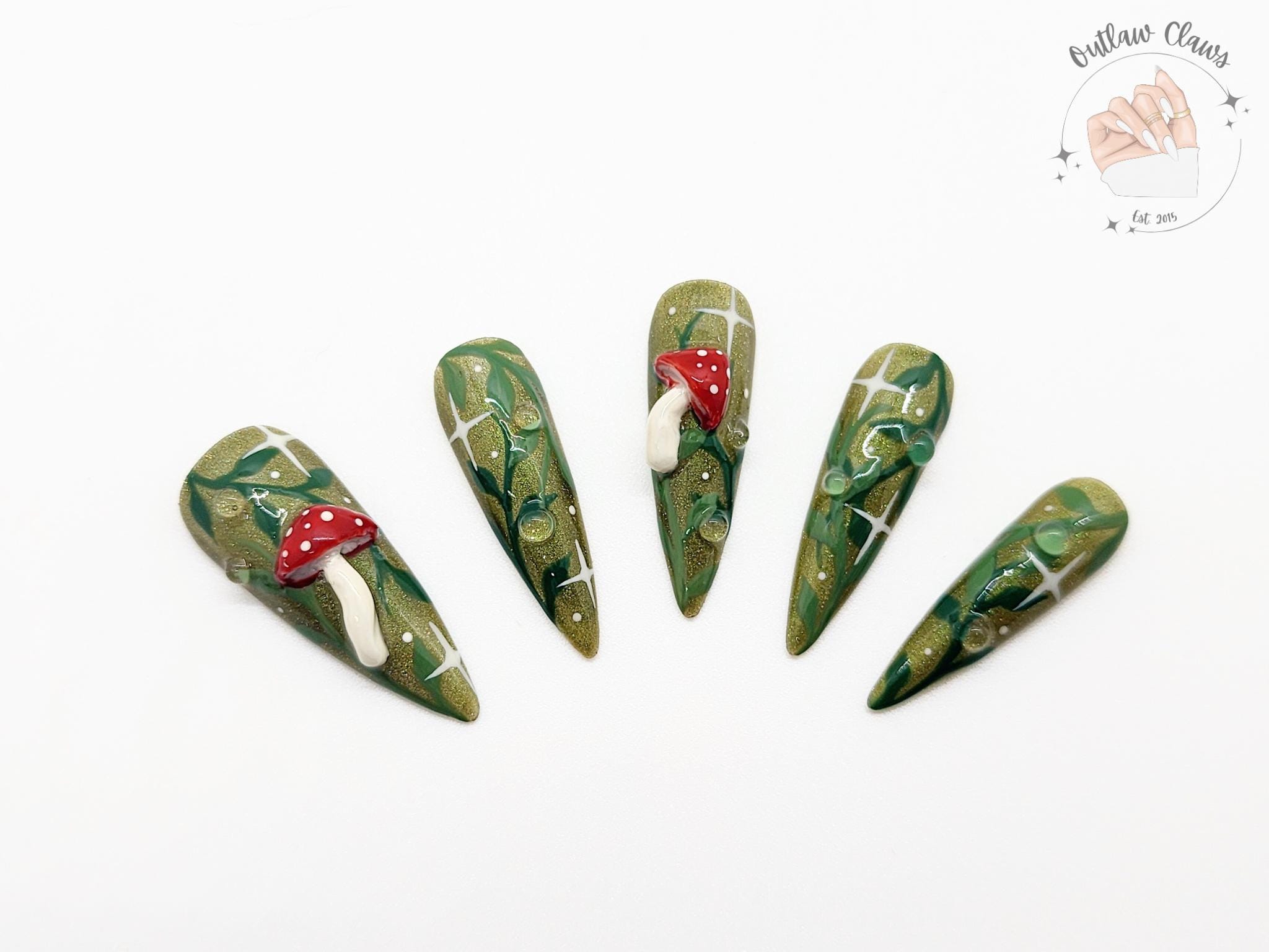 Fungi Forest - 3D Mushroom & Green Glitter Cat Eye Spring Press On Nail Kit