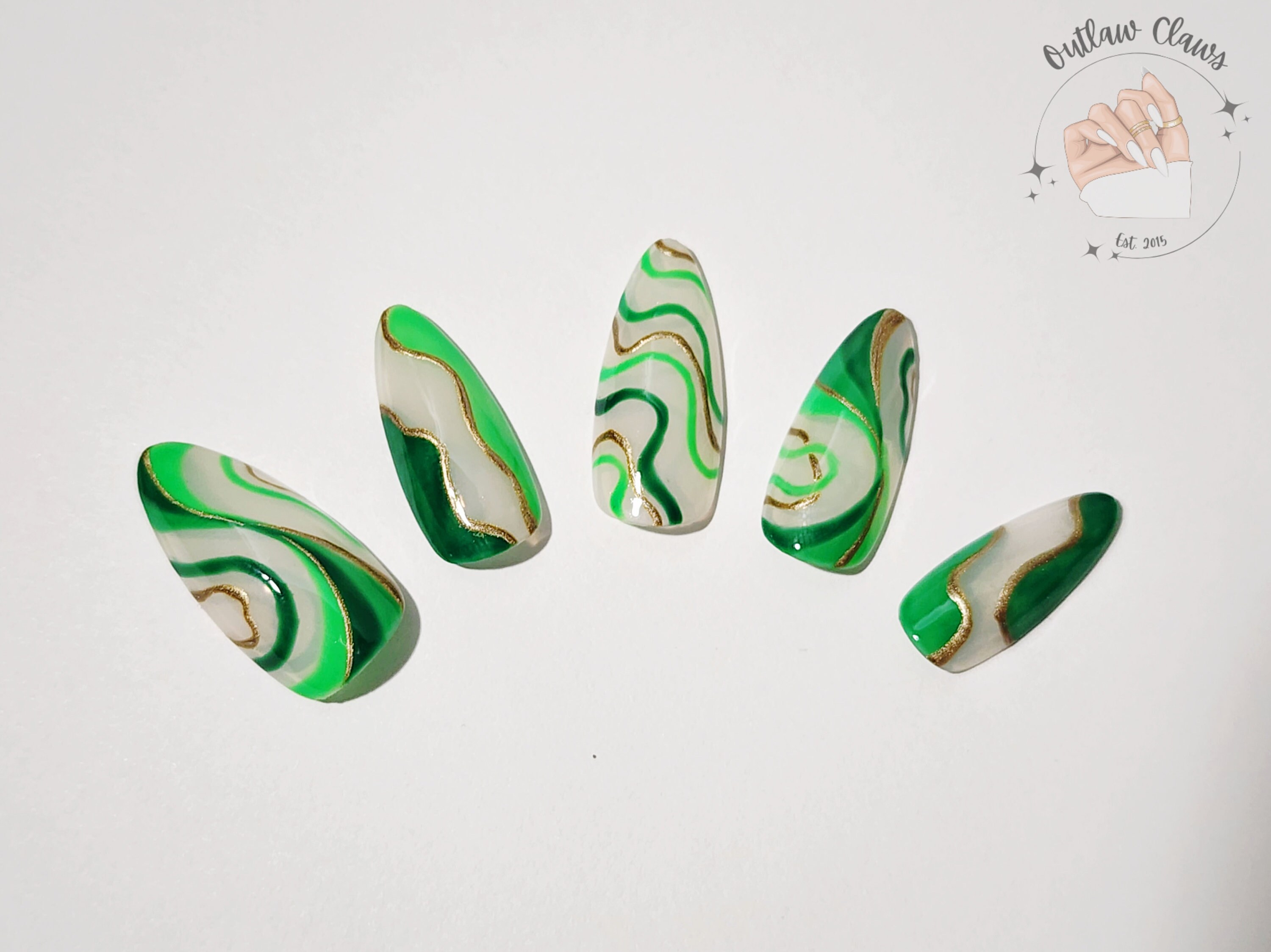 Leprechuan's Gold - Green Abstract Swirl Press On Nail Kit