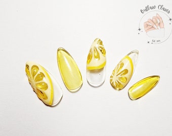 3D Lemon Slice Hand Painted Press On Nail Kit | Fake Glue On Nails | Yellow 3D Lemon Slice Transparent Jelly Nail Design