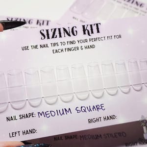 May include: A light purple sizing kit card featuring eleven clear plastic nail tips in a medium square shape. The card includes the text SIZING KIT, USE THE NAIL TIPS TO FIND YOUR PERFECT FIT FOR EACH FINGER & HAND, NAIL SHAPE: MEDIUM SQUARE, LEFT HAND, and RIGHT HAND.