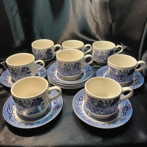Blue Willow Cups and Saucers - Churchill China Ltd. - England - c 1980s