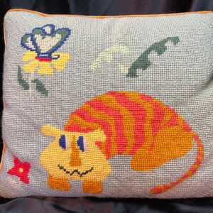 Funky Tiger Needlepoint Pillow - C. 1970s