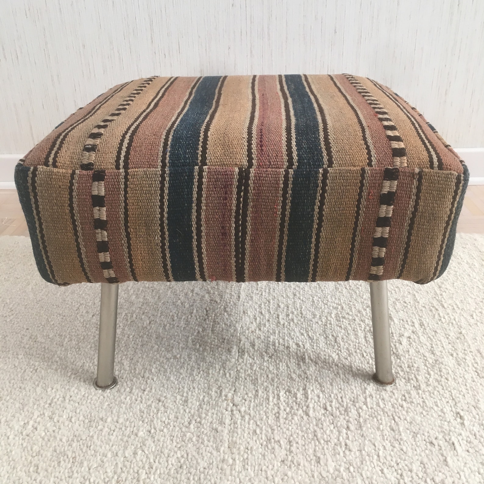 Modern Metal Leg Ottoman With Early 20th C Flatweave Upholstery Etsy