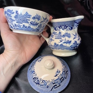 Blue Willow Creamer and Sugar Bowl - Churchill - England - c. 1980s
