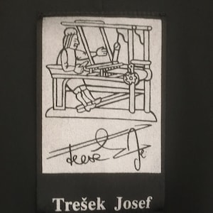May include: Black and white illustration of a person working at a loom. The image is on a white background with a black border. The text "Trešek Josef" is below the image.