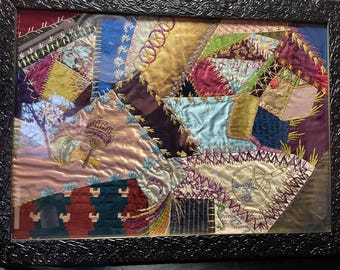 Antique Framed Crazy Quilt Segment: 19th Century Embroidered Textile Art