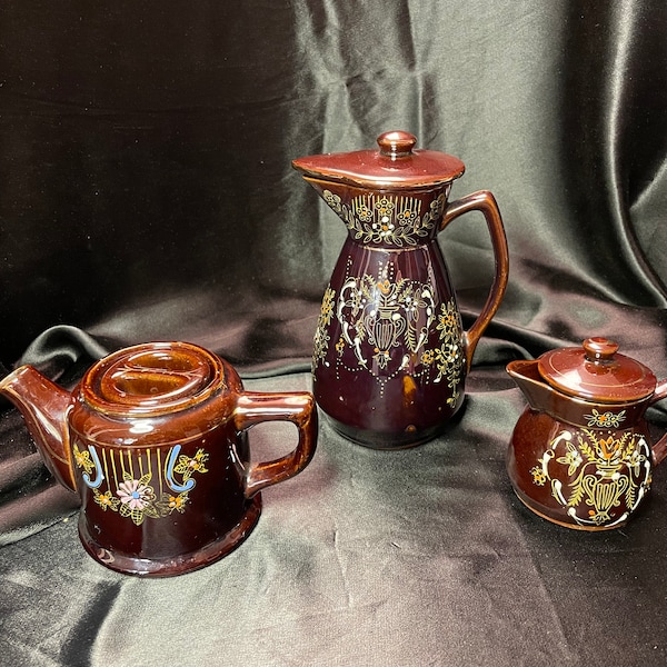 Moriage Redware Coffee Carafe, Small Tea Pot, Creamer - Made in Japan - c. 1940s