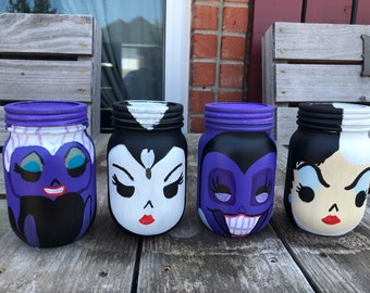 Frascos de albañil pintados a mano de villanos