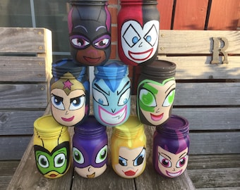 DC Super Hero Girls pintados a mano tarros de albañil