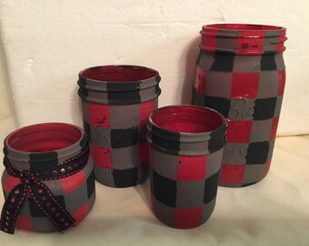 Red and black buffalo checked painted mason jars