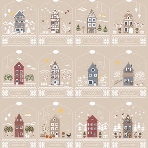 May include: A pixelated illustration featuring twelve panels, each depicting a house representing a month of the year. The houses vary in color and design, with seasonal elements like snow, trees, and flowers. The months are labeled at the bottom of each panel.