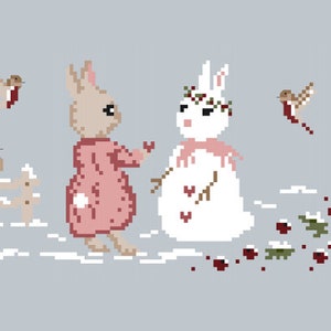 Peut inclure: Un lapin rose avec un nœud rouge et un lapin blanc avec une couronne de baies rouges sur la tête se tiennent dans un paysage enneigé. Le lapin rose tend un cœur rouge au lapin blanc. Il y a des baies rouges et des feuilles vertes éparpillées autour du lapin blanc.