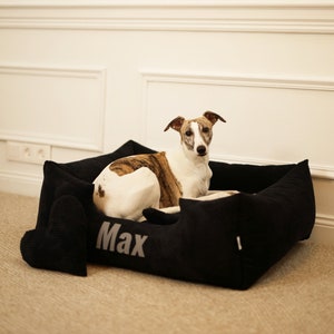 Cama de perro. Manta para perros. Cama para perros de lujo personalizada: antialérgica, lavable, ropa de cama negra - Muebles premium para mascotas para perros, talla S-XL