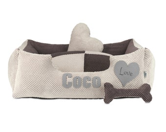 Letto per cani accogliente, biancheria da letto per cani beige/marrone, personalizzazione del nome dell'animale domestico, lettino per cani anti allergico e lavabile, accessorio per animali domestici di lusso, taglia S-XL