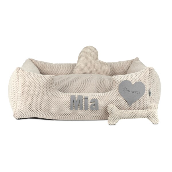 Personalisiertes Luxus-Hundebett - antiallergische, waschbare, beige Bettwäsche - Premium-Tiermöbel für Hunde, Größe S-XL