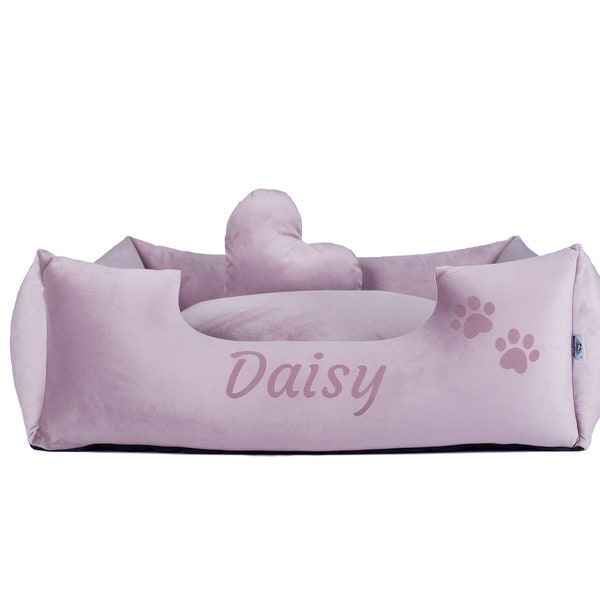 Letto per cani lavabile con tessuto rosa cipria, personalizzazione del nome dell'animale domestico, biancheria da letto antiallergica, accessorio di lusso per animali domestici, taglia XS-XL